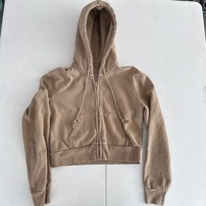 John Galt Brown Tan Full Zip Crop Hoodie XS Brandy Melville Minimalist Athletic